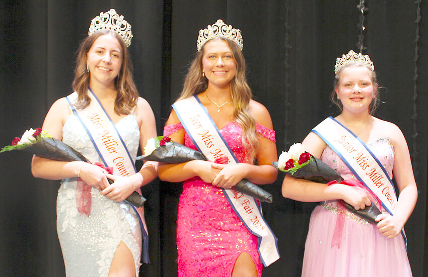 Fair royalty – The Miller County Youth Fair pageant crowned three new queens Saturday, June 21. They are, from left: Mallory Witt, Miss Miller County; Kaydin Davis, Miss Teen Miller County and Brayleigh Tomblinson, Junior Miss Miller County.  More pageant photos inside.
