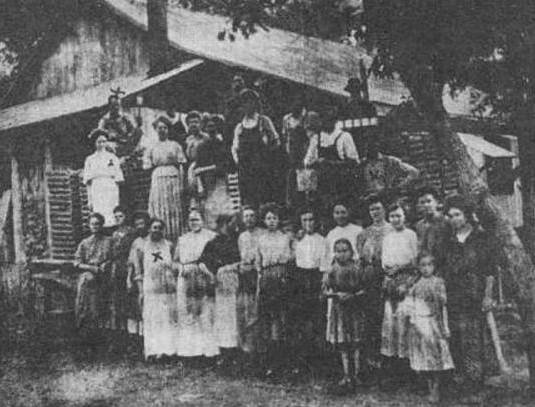 Employees of Crossroads Canning Company - Memories sometimes dull and it is hard to remember just who is in an old picture, but the names were written on the back of this one taken about 1909 near a canning factory between Dixon and Iberia at a place called Crossroads. In no particular order: Lucy Anderson (Hale, Beulah Null (Hale), Myrtle Slone, Parlina Tyler, Susan Slone, Martha Caldwell, Anna Anderson, Beulah Caldwell, Nora Tyler (Atwell), Mamie Hale, Alma Hale, Lula Tyler (Hance), Lula Allen (Walters), Laura Hale, Eva Portor (Null), Bertha Slone, Myrtle Null (Alexander), Maude Copeland, Laura Brandon, Dora Tyler, Jim Slone, Joe Slone, Rector Slone, Elmer Slone, Guss Null, Barney Tyler, Atholl Anderson, and Harvey Slone.