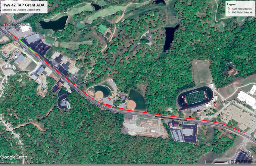 The proposed Highway 42 sidewalk (marked in red) would stretch from Columbia Avenue (upper left corner) to the School of the Osage campus (lower right). The green parcel of the sidewalk (upper left) would be a 300-foot fabricated metal sidewalk to accommodate utilities and topography.