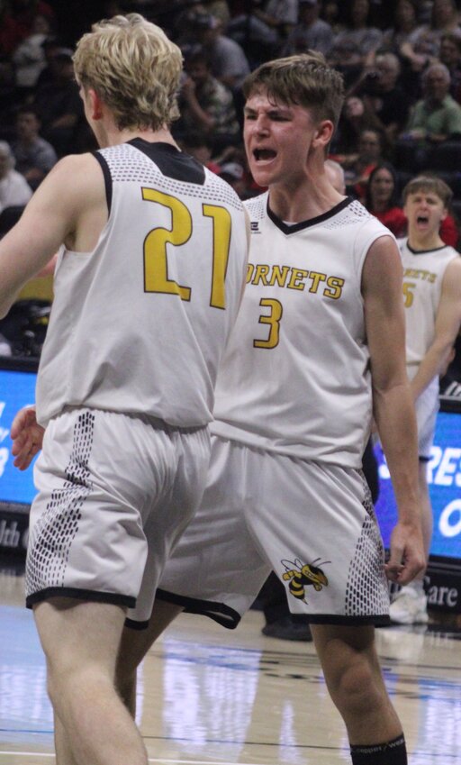 St. Elizabeth's Dyson Green celebrates with Gavin Williams during the Hornets' 78-63 win over Braymer in the MSHsAA Class 1 semifinal Friday, march 15, at the Mizzou Arena.
