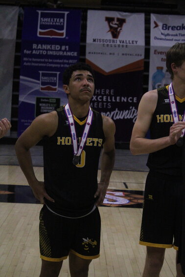 St. Elizabeth's Noah Chipman is emotional as he receives his medal after the Hornets' 72-53 loss to Chadwick in the Class1 Championship game.
