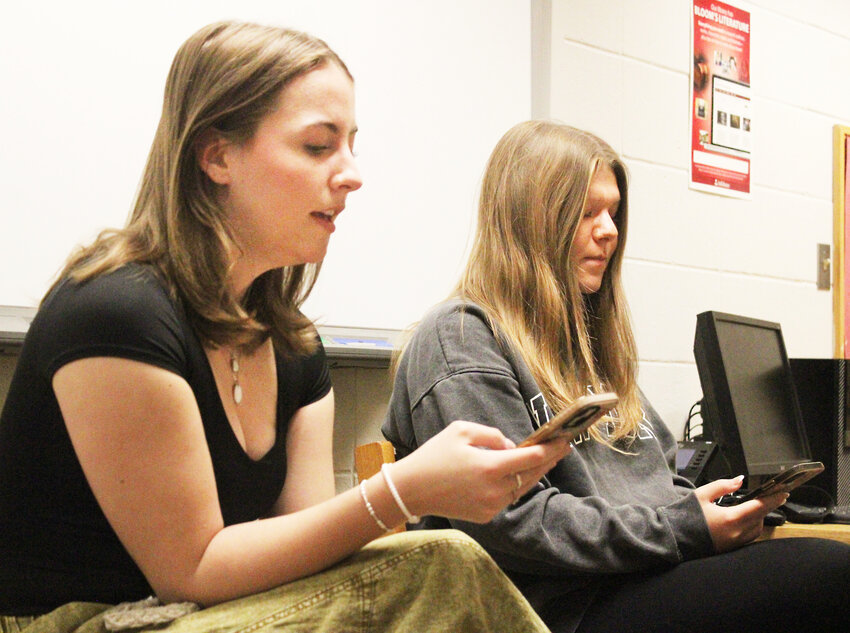 Mallory Witt and Gracie Shand lead a morning devotional
at last week’s Eldon High School Youth Alive meeting.