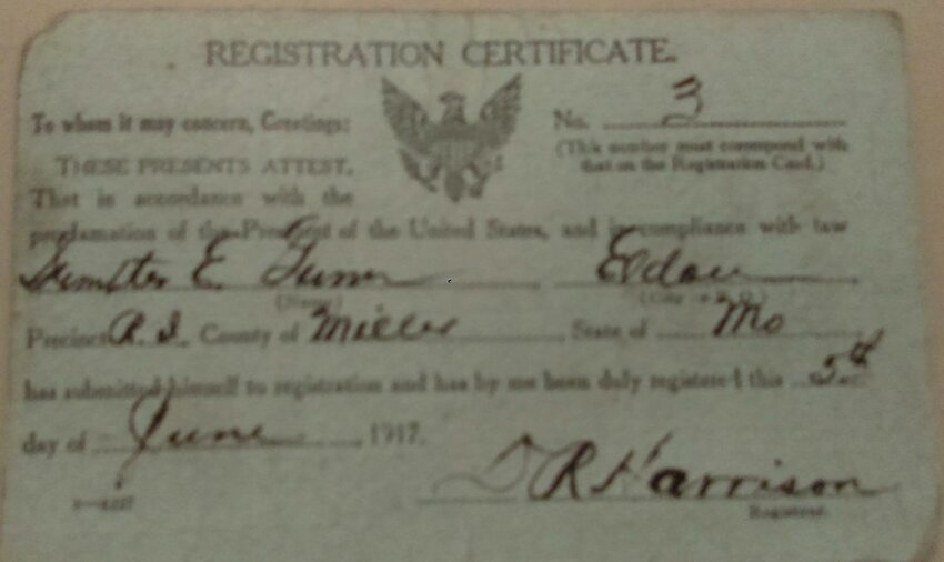 Registration Certificate - Sumpter Gunn received this certificate after completing the registration process with D. R. Harrison, a registrar for the Rock Island. (photo courtesy of Miller County Historical Society Museum)