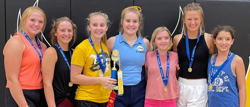The Vienna high school and middle school cheerleaders had a successful cheer camp last week as six of them qualified for a spot on the All American Team, earning the opportunity to travel to exotic locations to be part of parades. Those qualifying include Ava Kloeppel (left), Elizabeth Veasman, Nora Garro, UCA Trainer Lizzie, Camie Doyel, Claudia and Noah Rollins.