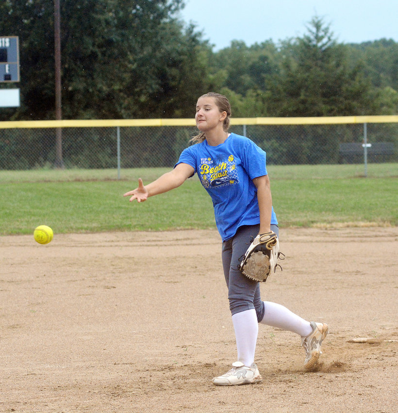Abrea Simmons lets a pitch fly towards home plate during a practice session at Vienna City Park earlier this month. Two games into her senior season, Simmons had no runs on three hits with no walks and 11 strikeouts in action against Stoutland and Linn.