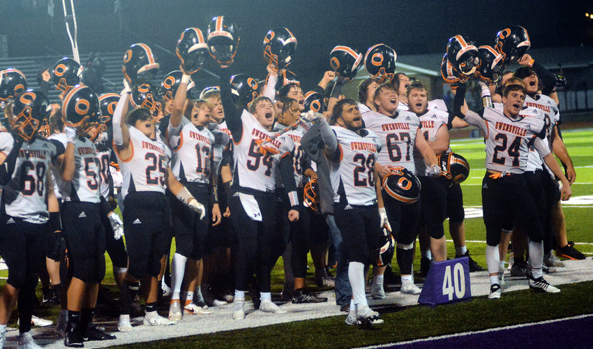 Owensville Dutchmen football players (above) celebrate Friday&rsquo;s 22-12 victory at Pacific with a singing of the OHS School Song. OHS will look to keep their Four Rivers Conference (FRC) title hopes alive with a win Friday night at home against Union.
