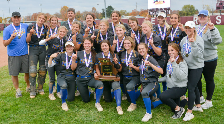 Fatima closed out the softball season with a 33-3 record and a Class 3 state title after defeating Chillicothe on Saturday at Killian Sports Complex in Springfield. Team members are, from left to right, front row, Hannah Heisler, Caleigh Huot, Allison Schwartze, Ellie Brune, Emerson Williams, and Angel Woehr; second row, Kaitlyn Plassmeyer, Avery Brandt, Madelyn Backes, Ella Massman, Kristen Robertson, and Coach Ashlee Schnieders; and in the back row, Coach Kenny Bonnot, Faith Jaegers, Elise Dickneite, Coach Steve Schnieders, Taylor Baumhoer, Lilly Cunningham, Eva Wildhaber, Kinzey Woody, and Coach Makayla Broeker.