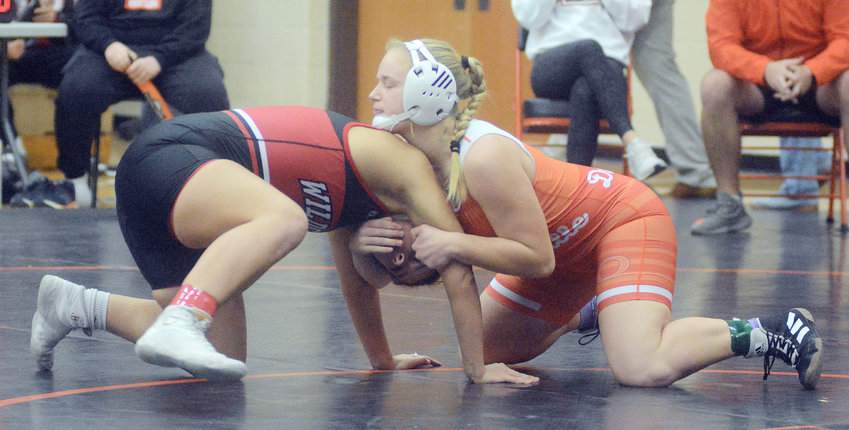 Bailee Dare (right) controls Union&rsquo;s Gianna Schreck in their match at 170 pounds during the 2nd Annual Owensville Dutchgirl Wrestling Invitational Friday night at Owensville High School.