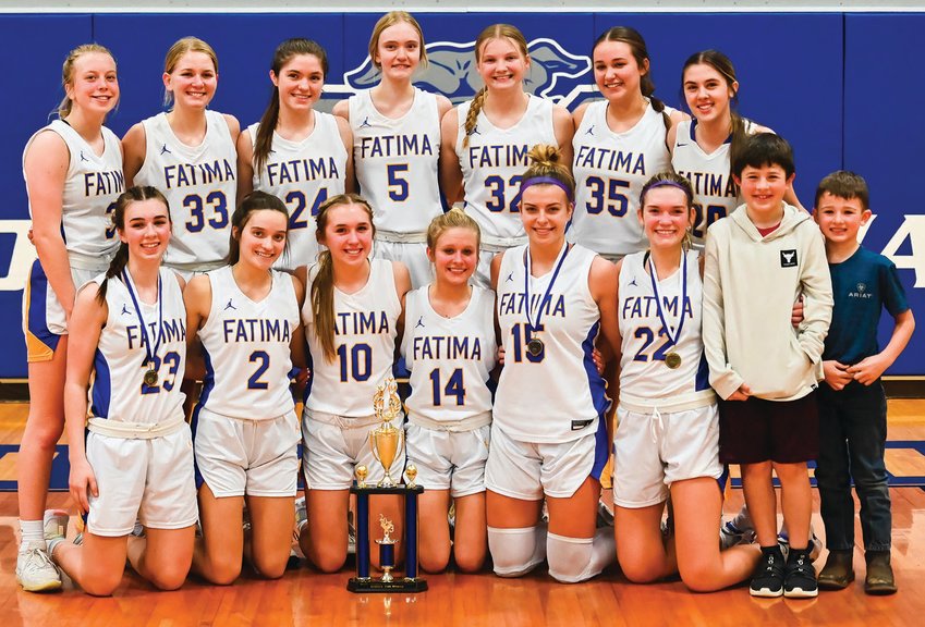 Fatima won last week&rsquo;s South Callaway tournament with a win over Monroe County on Saturday. Team members are, from left to right, front row, Vivian Bax, Claire Bexten, Alex Berhorst, Kaitlyn Plassmeyer, Alli Robertson, Emma Bower, ans sons of Coach Matt Baker, Cooper and Lincoln; and in the back row, Kristen Robertson, Lydia Brunnert, Lucy Crede, Emma Bower, Madelyn Backes, Payton Wieberg, and Natalie Wilbers.