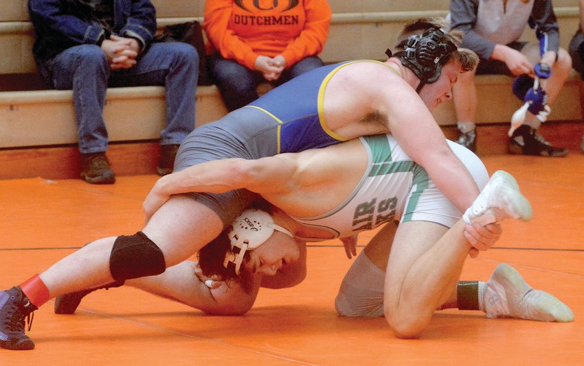 Trevor Herzing fights to control his opponent at Saturday&rsquo;s Owensville tournament.
