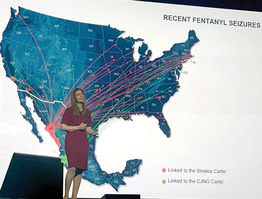 OC-ADCAT Executive Director Lorie Winslow recently attended the CADCA National Leadership Conference in Washington, D.C. Drug Enforcement Agency Administrator Anne Milgram, in her keynote address, talked about the two drug cartels, and showed this slide illustrating the paths they take across the United States.