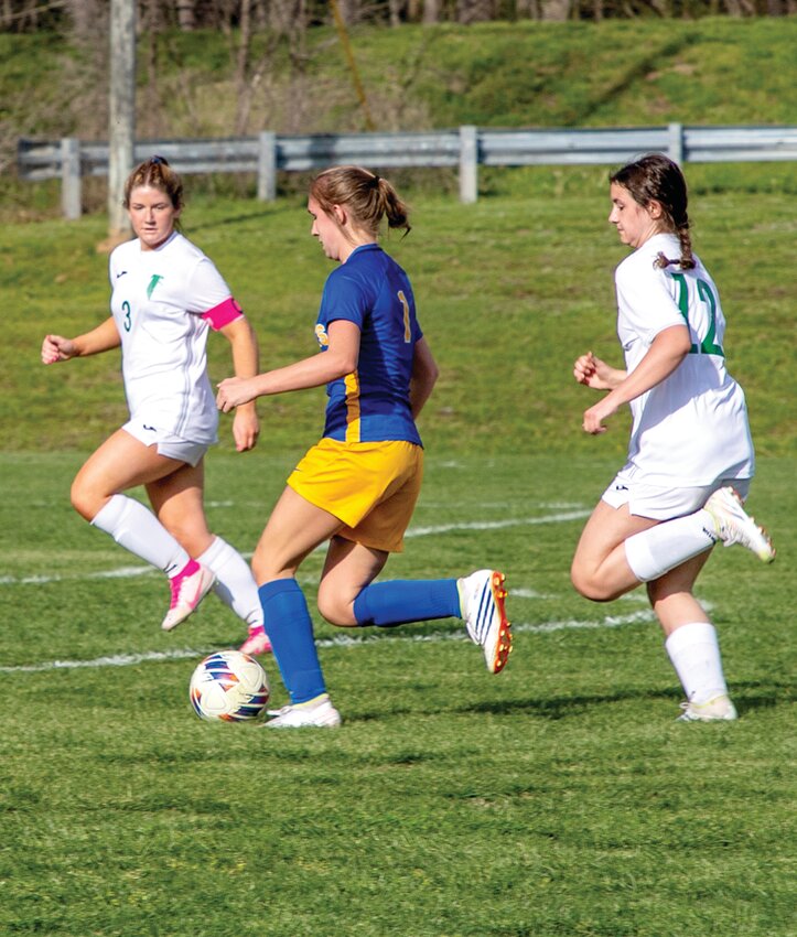 Fatima freshman Alex Berhorst rushes ahead in last week&rsquo;s win over Blair Oaks. She scored two goals last week and had four assists.
