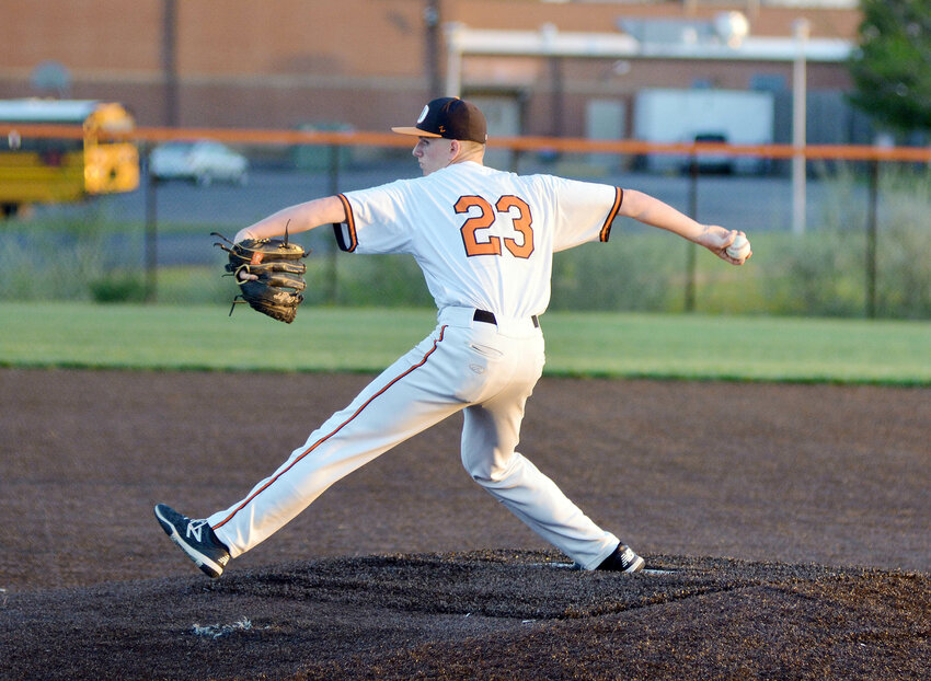 Chase Weirich starts into his wind up while pitching for Owensville&rsquo;s Dutchmen during earlier home action at OHS Field against St. James. Owensville snapped a 15-game losing streak following a 17-3 win on the road at New Haven Friday night. Steven Kemp&rsquo;s Dutchmen hosted Vienna last night (Tuesday) and is scheduled to host Linn this Friday at 5 p.m.