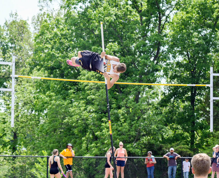 Gavin Schwartze clears the bar during Saturday&rsquo;s MSHSAA Class 1, Sectional 1 Track Meet at New Haven High School. He placed second in the event to advance to state this weekend in Jefferson City.