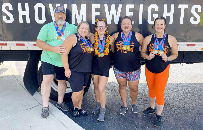 Owensville area power lifters proudly showing off their medals from the Show-Me State Games (SMSG) held over the weekend in Columbia (above left, from left) include Tom Farrar, Missa Hollandsworth, Crystal Hafner, Tara Kopp and Donielle Farrar.