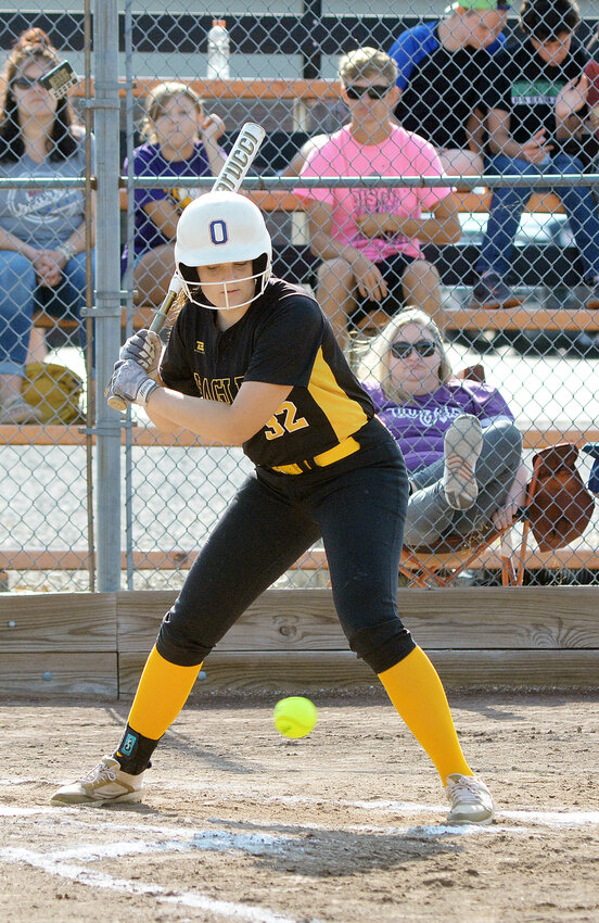 Aubrey Schwartze lets a low pitch go for a ball during preseason jamboree softball action at Richland High School back in mid-August. Schwartze&rsquo;s second-inning grand slam home run helped Vienna defeat St. James in three innings last Tuesday 17-0.