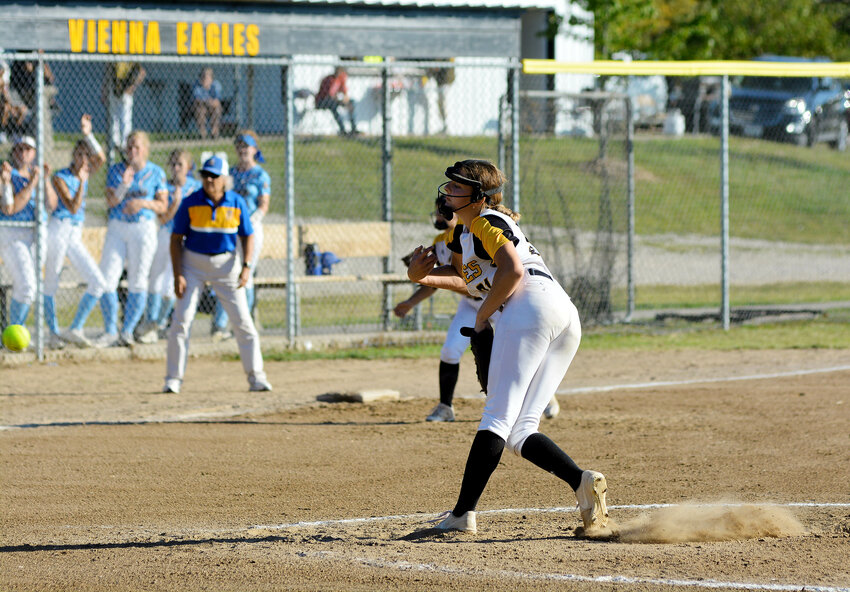 Eva Hollis lets a pitch fly during the final game of the Vienna Softball Tournament Saturday afternoon at Vienna City Park against St. Francis Borgia&rsquo;s Lady Knights. Vienna fell to Borgia 8-1 causing a three-way tie between Waynesville, Borgia and Vienna all with 2-1 tournament records. Borgia won the tournament by allowing eight runs in the three games versus 10 by Waynesville and 12 for Vienna.