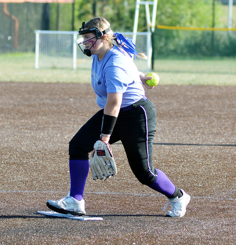 Hannah Keeney delivers one of her 44 pitches Monday afternoon during Owensville&rsquo;s 15-0 purple-out victory in three innings over Cuba&rsquo;s Lady Wildcats.