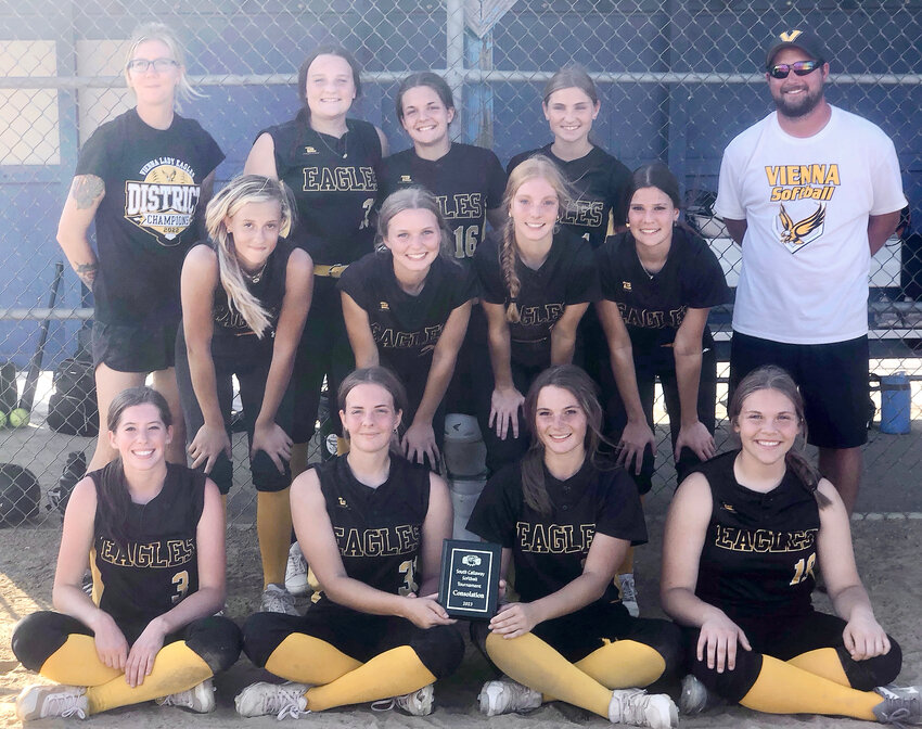 Vienna Eagle softball celebrates their consolation championship at the South Callaway Tournament Saturday with a team hardware photo. This came days after they clinched their ninth consecutive Gasconade Valley Conference (GVC) title with a 7-4 win over Belle.