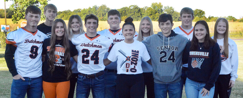 Owensville High School fall homecoming attendants, queen and king candidates gathering Friday morning for a group photo include (from left) Blake Elliot, Bryce Kramme, Hannah Stoker, Carly Copeland, Tanner Meyer, Zach Barch, McKenzy Echols, Lily Barker, Andrew Blankenship, Jaden Gerlemann, Anya Binkhoelter and Liz Adams.