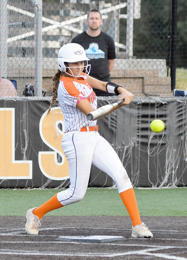 Cameron Ryerson takes a swing at a pitch during home softball at OHS Field last Thursday for the Dutchgirls against South Callaway&rsquo;s Lady Bulldogs. Owensville will open MSHSAA Class 3, District 5 Tournament action tomorrow (Thursday) night at 8 p.m., against third-seeded Blair Oaks.
