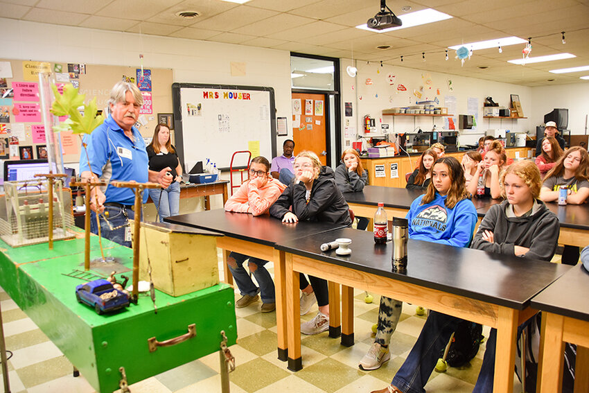 Kevin Mueller, educational correspondent for Central Electric Co-op, gave an electrical safety presentation on Oct. 13 to BHS students in Sarah Mouser&rsquo;s science class. Mueller joked that they planned for the electrical safety course to happen during the rainstorm.