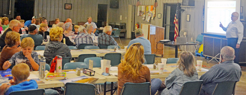 Scott Brown (right), an associate agricultural economics professor with the University of Missouri Extension, delivers a presentation on market outlooks during the annual meeting of the Maries County Farm Bureau Board on Oct. 5 at the Vienna-Bassett Eagles Club. Other people who gave remarks during the meeting included Missouri Farm Bureau Regional Coordinator Nick Roberts and Missouri Farm Bureau Board At-Large Representative Amy Jo Estes. The evening also included the election of officers to the Maries County Farm Bureau Board.