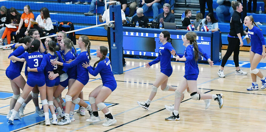 Hermann volleyball team members storm the court Saturday afternoon following their defeat of Stover in the state quarterfinals, advancing them on to the Final Four in Cape Girardeau. After a regular season in which the Lady Bearcats finished 16-17, they have started off their playoff run by rattling off four wins in a row to keep themselves in the hunt for the program&rsquo;s 16th state championship.