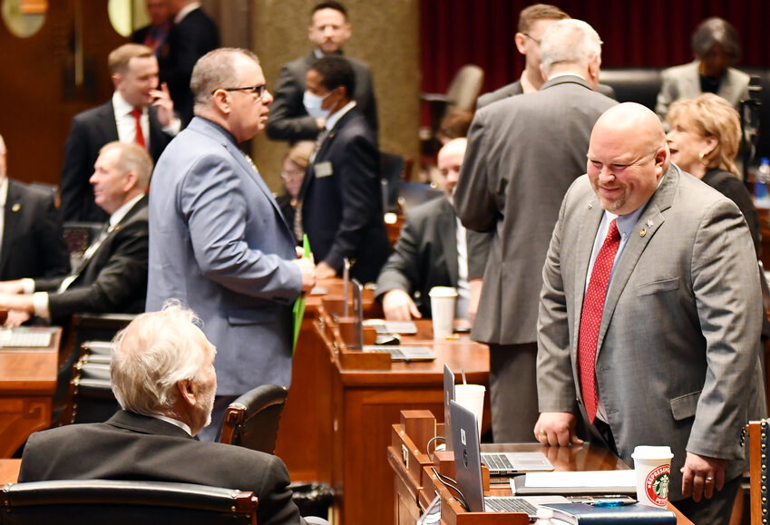 Rep. Bennie Cook, representing Maries County, visits with other representatives during a legislative day in February 2023. Cook pre-filed six bills before the 102nd Missouri General Assembly&rsquo;s second session began.