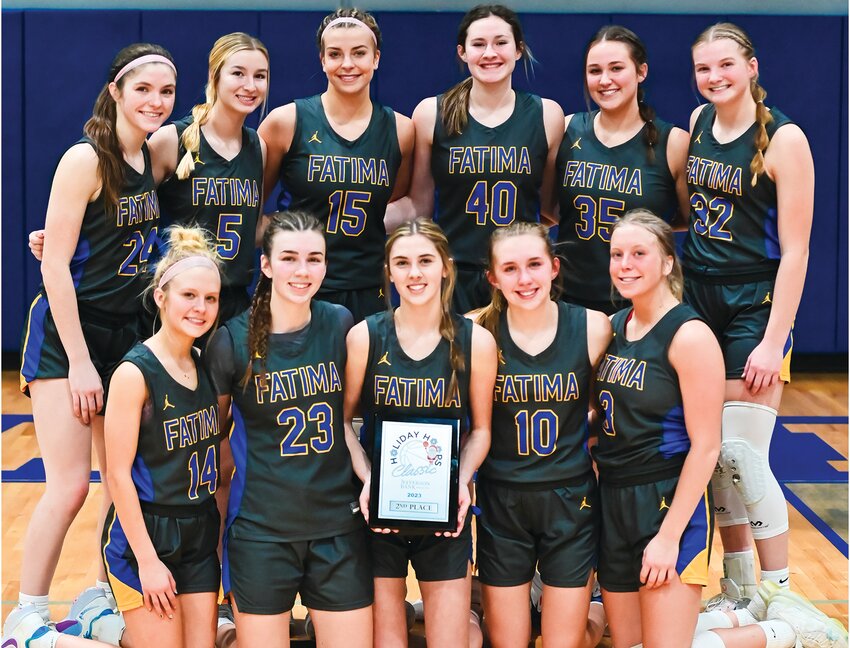 Fatima earned second place at last week&rsquo;s Jefferson Bank Classic in Jefferson City. Team members are, from left to right, front row, Kaitlyn Plassmeyer, Vivian Bax, Natalie Wilbers, Alex Berhorst, and Kristen Robertson; and in the back row, Lucy Crede, Elise Dickneite, Alli Robertson, Adalyn Berhorst, Payton Wieberg, and Madelyn Backes.