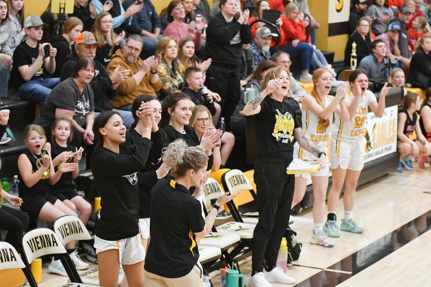 Vienna Lady Eagle players react during their Battle of Maries County girls basketball showdown Thursday night against Belle&rsquo;s Lady Tigers.