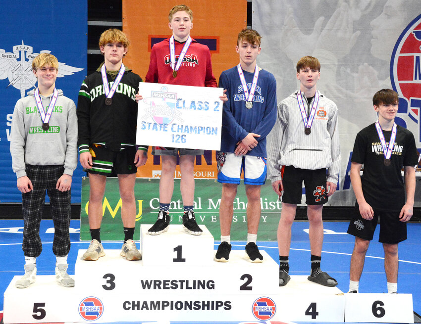 Steven Buddemeyer (second from right) stands among the top six wrestlers in Missouri Class 2 Boys wrestling at 126 pounds during last week&rsquo;s 2024 Missouri State High School Activities Association (MSHSAA) Wrestling Championships held inside Columbia&rsquo;s Mizzou Arena.