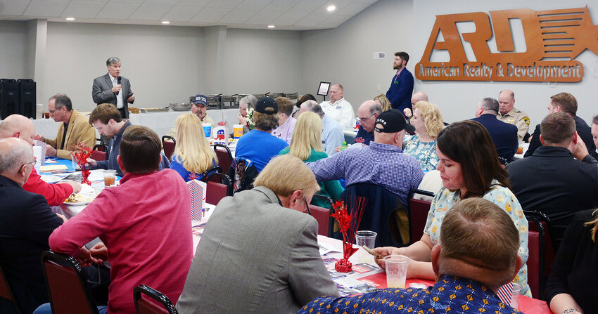 Citizen activist Ron Calzone addresses the crowd gathered for the Maries County Republican Central Committee&rsquo;s annual Lincoln Day Banquet during his keynote speech on Feb. 29 at the American Realty office in Belle.