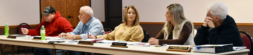 Former alderman Adam Padgett (left) and former city clerk Frankie Horstman (center) at the Belle-Bland Community Center during the Jan. 22 board meeting. Padgett resigned on Jan. 23 following Horstman&rsquo;s termination after 22-plus years as the city&rsquo;s clerk. Kevin Guffey was sworn in to replace Padgett and Court Clerk Sherree Burkholder was appointed to replace Horstman during the March 13 meeting.