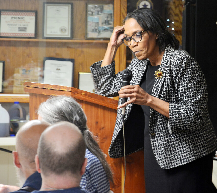 Missouri Democratic Party Vice Chair Yvonne Reeves-Chong addresses diners at the recent Truman Day dinner hosted by the Democratic committees of Maries and Osage counties last week in Freeburg.