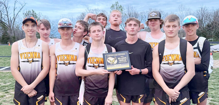 VHS Track and Field Eagle team members were available for a group photo after last Tuesday&rsquo;s Vienna High School Black and Gold Invitational Track Meet are pictured with their championship plaques.