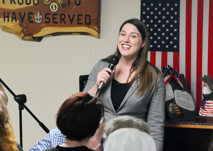 Democrat Crystal Quade, Missouri House of Representatives Minority Leader and candidate for Governor, speaks during the Truman Day dinner in Freeburg on April 11.