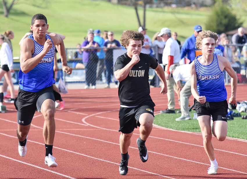 Daeden Hopkins and Ryker Ash race in the 100m dash at the Hermann Invitational Monday afternoon, April 22, at Bearcat Memorial Stadium.