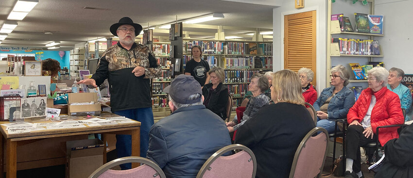 Maries County resident John French presents information about his book “I Shot Pa for Ma” during an Author Talk at the Vienna Library on April 4. The book tells the story of a 1945 murder involving French’s grandfather.