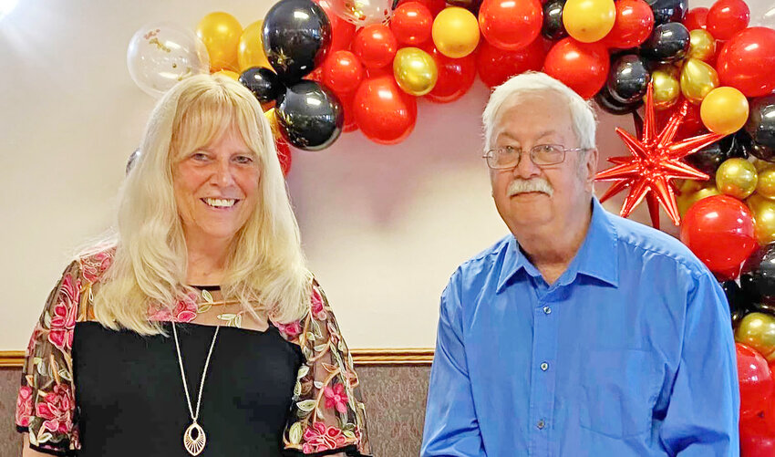 Alice Taylor (left) and Steve Vogt were honored on April 28 for their 50 years of service in the Maries R-2 School District by the Maries County R-2 Scholarship Foundation.