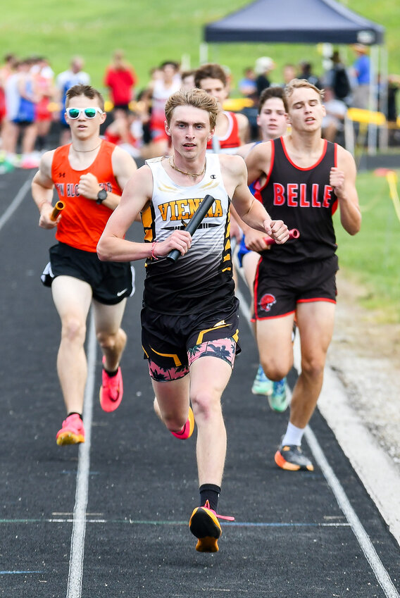 Cooper Auten leads the field for Vienna&rsquo;s Eagles during the boys 4x800-meter relay in the Missouri State High School Activities Association (MSHSAA) Class 2, District 4 track meet held Saturday at Glasgow High School.