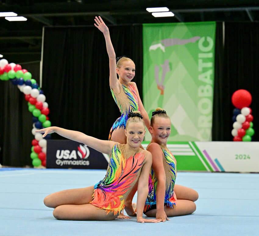 MAATT Athletes (clockwise from bottom) Rylan Price, Ayla Eiler and Brooke Tainter won state and regional titles before placing fifth in recent national competition as Level 7 14-and-over Women’s Group.