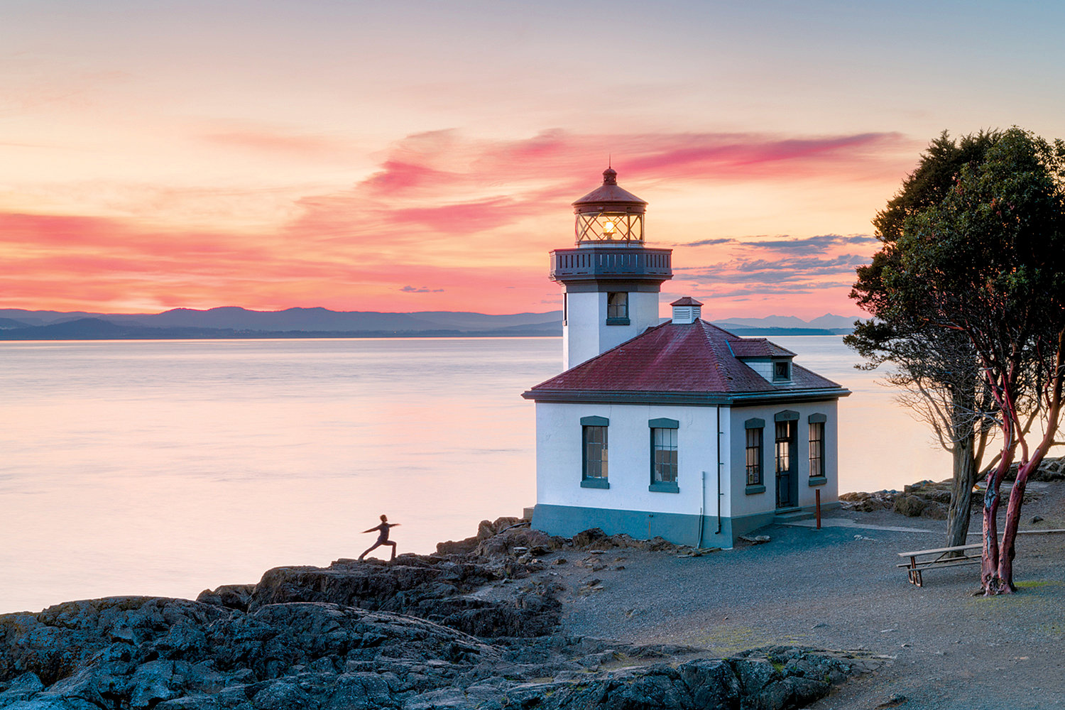 Lime Kiln Lighthouse at sunset, Lime Kiln Point State Park, San Juan Island, Washington